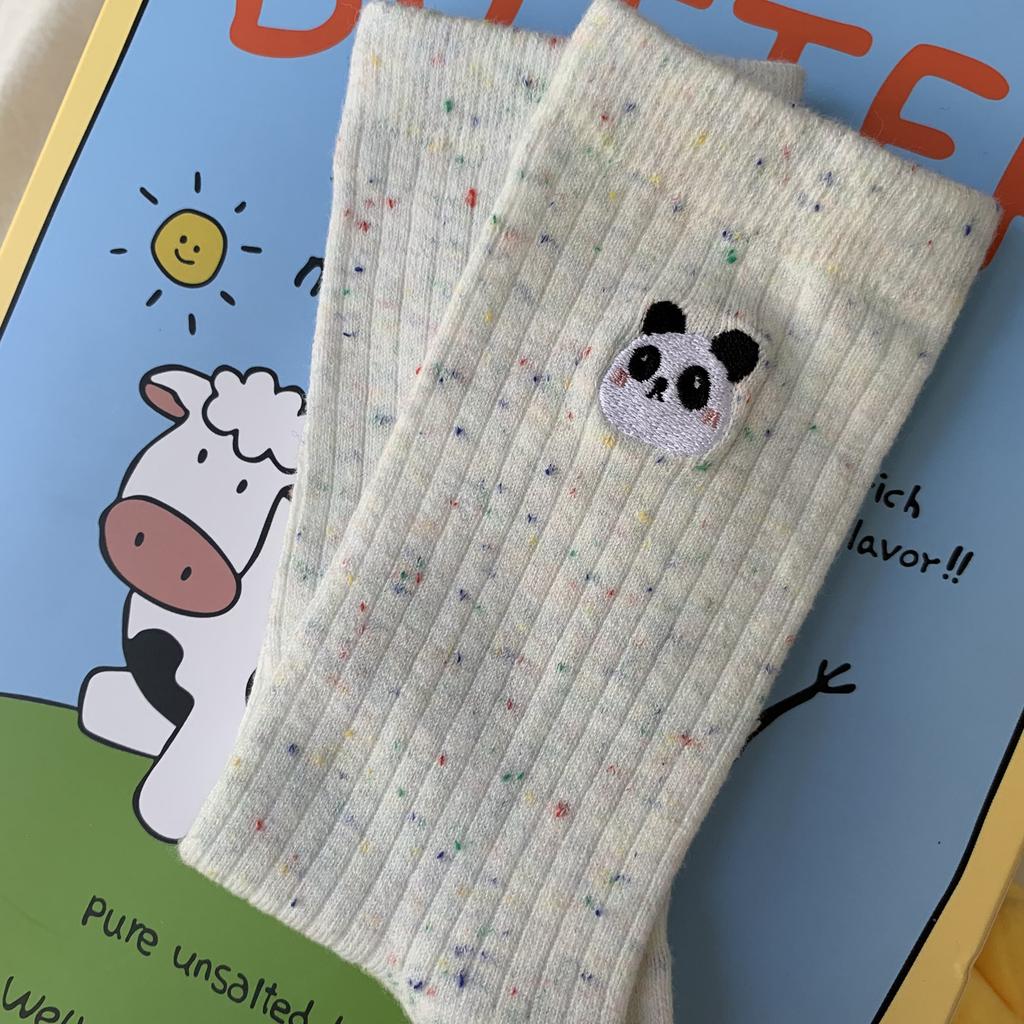 Early Autumn Socks Autumn Dongdaemun Street Ideas Yarn Embroidery Panda Cotton Medium Long Tube Socks