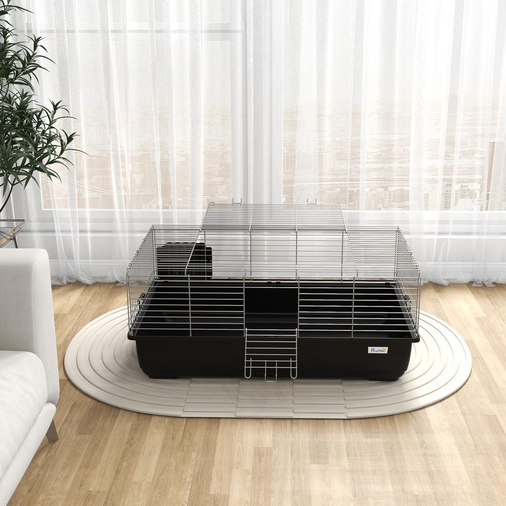 Rabbit Cage with 2 Doors and Removable Tray, in Metal and PP Plastic, 100x55x41 cm, Black and Silver