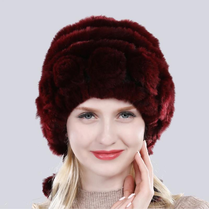Hot Sale Winter Women Flowers Striped Natural Real Rex Rabbit Fur Hats Lady Warm Knit Genuine Fur Caps Russian Outdoor Fur Hats