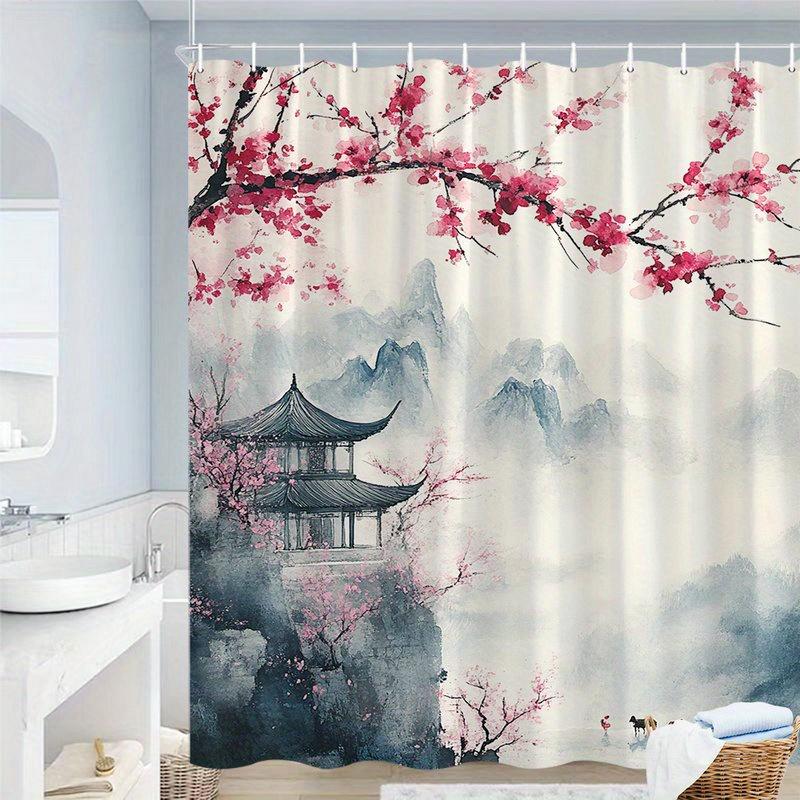 

Chinese Ink Plum Blossom Shower Curtain Pagoda Mountain Art Bathroom Decor Oriental Style Bath Curtains For Modern Home Interior W60H190(CM)-1 Pcs