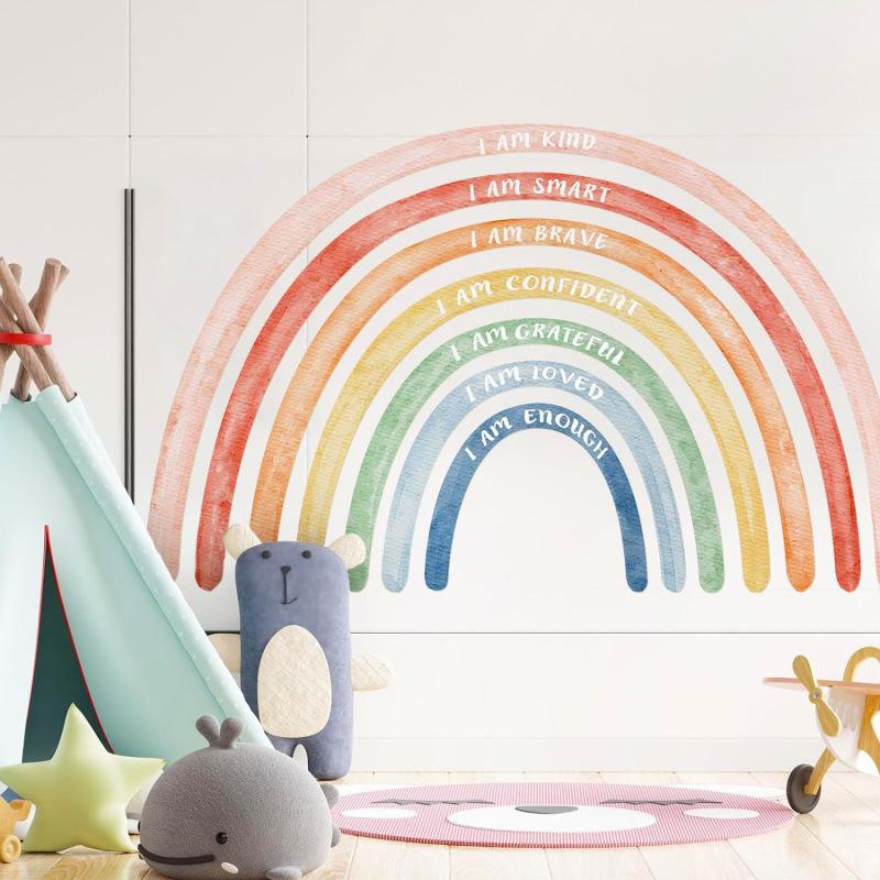 Large Rainbow Wall Decals Boho Stars Dots Peel and Stick Wall Stickers for Kids Room Bedroom Retro Home Decor