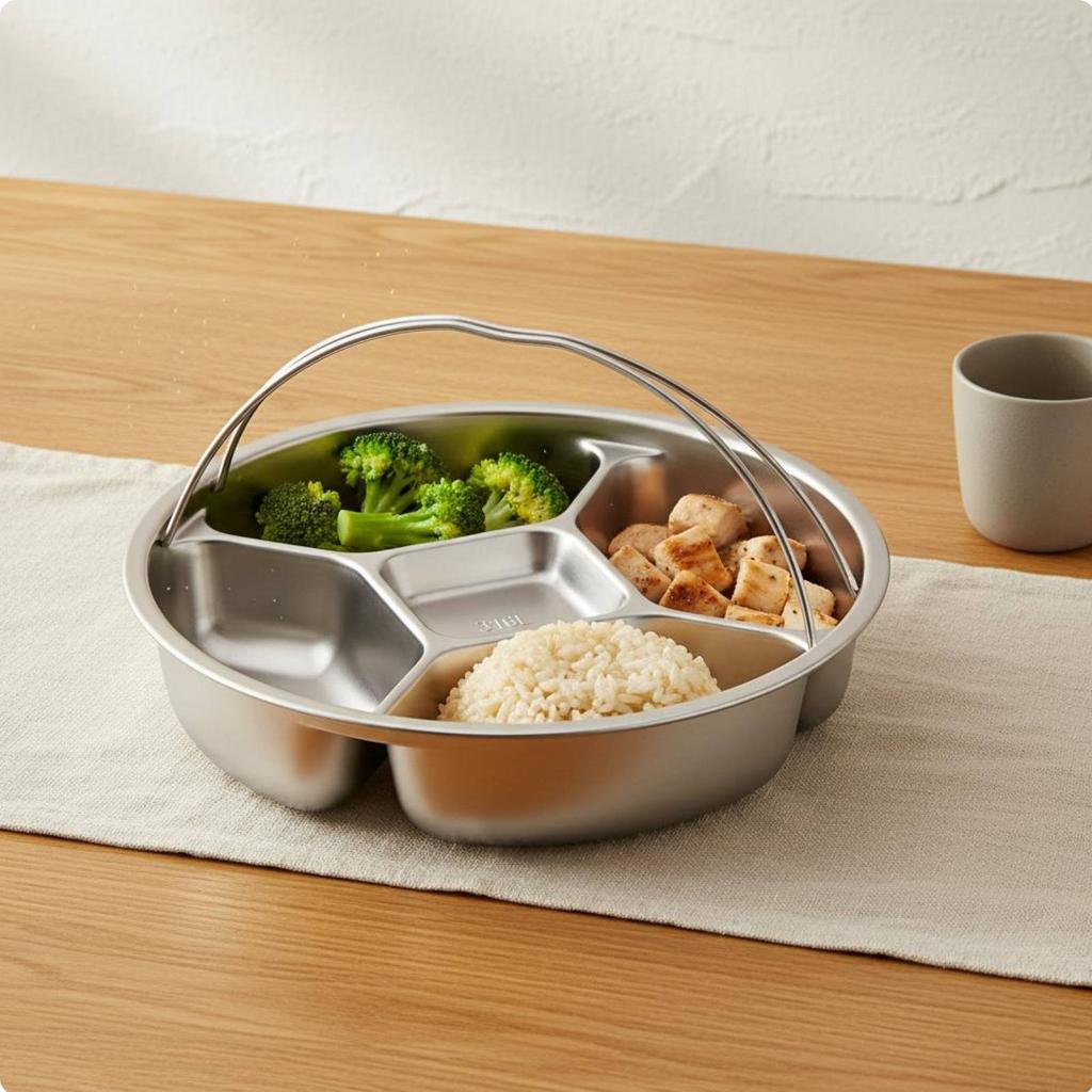 Divided Steamer Plate Long-Lasting Construction Round Portion Control Plate Stainless Steel Food Tray with Handle Deepened