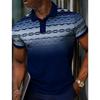 Men Short Sleeve Polo Shirt Gradient Thin Stripe Argyle Diamond Print Lapel Button Down Breathable Casual Golf Office Top