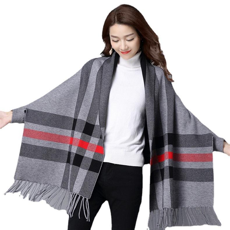 Herbst- und Winter-Schal Damen verdickter warmer Schal Mehrzweck-Cape Temperament Fransen-Cape mit Ärmeln doppelseitige Wolle Überwurf