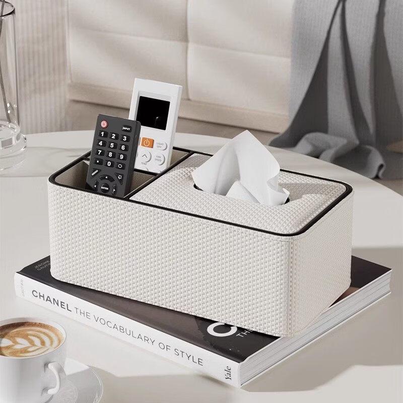 White French Rattan Double Compartment Tissue Box