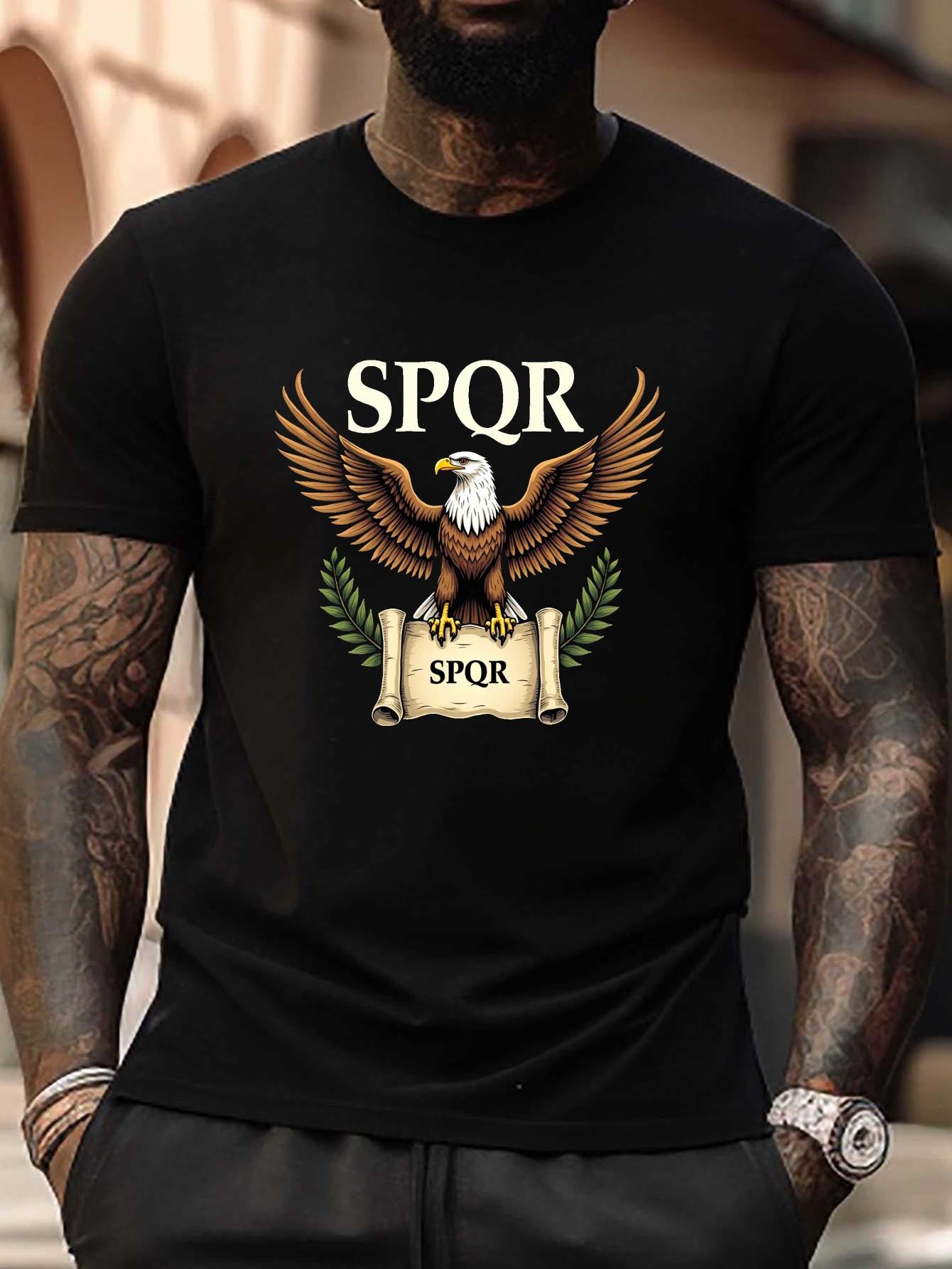 

Plus Size SPQR Eagle Roman Scroll Graphic T-shirt - Black Casual Short Sleeve Tee with Bold White Lettering XXL