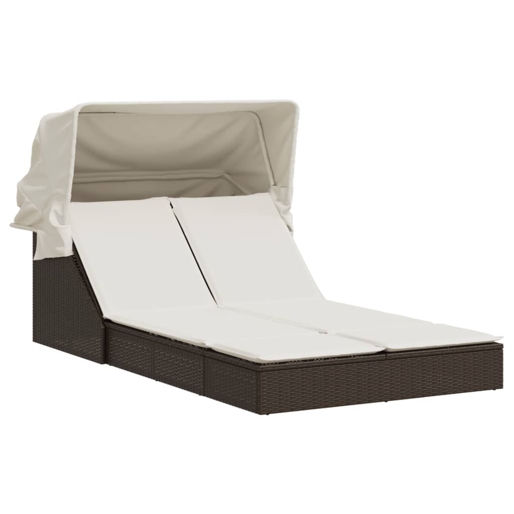 Double Sun Lounger with Canopy and Cushions Brown Poly Rattan