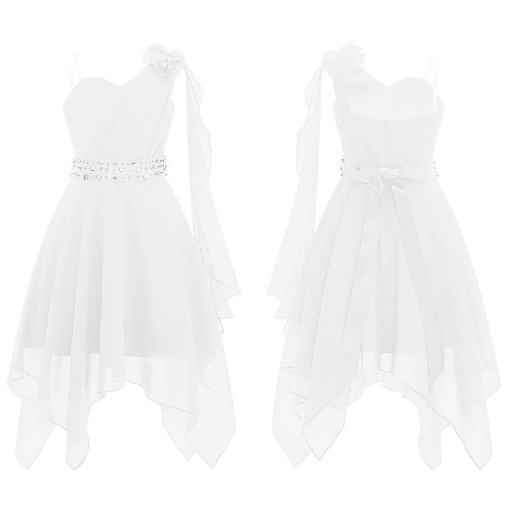 Girls One Shoulder Sleeveless Flower Girl Dress Kids Ruched Applique Pageant Wedding Bridesmaid Dresses
