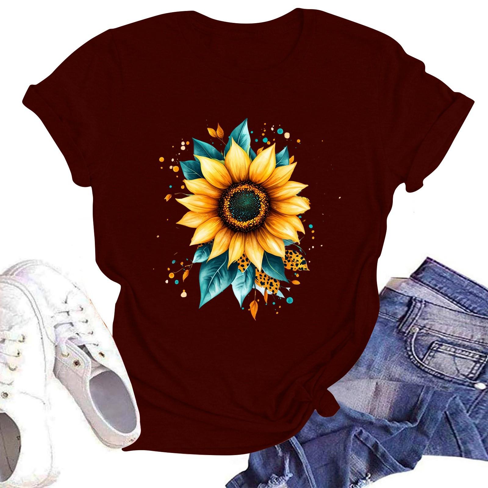 

Женская футболка с коротким рукавом и круглым вырезом, повседневный цветочный принт XXL винный