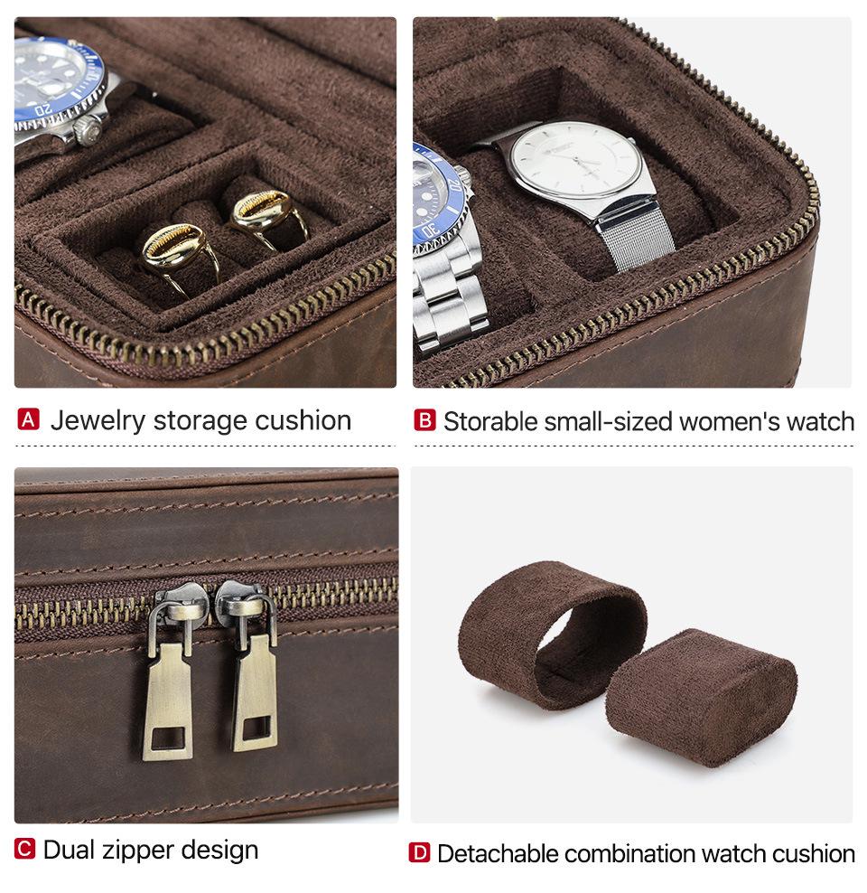 Vintage Crazy Horse Leather Watch and Jewelry Travel Box - Genuine Three-Piece Storage, Portable Ornament Gift Case.