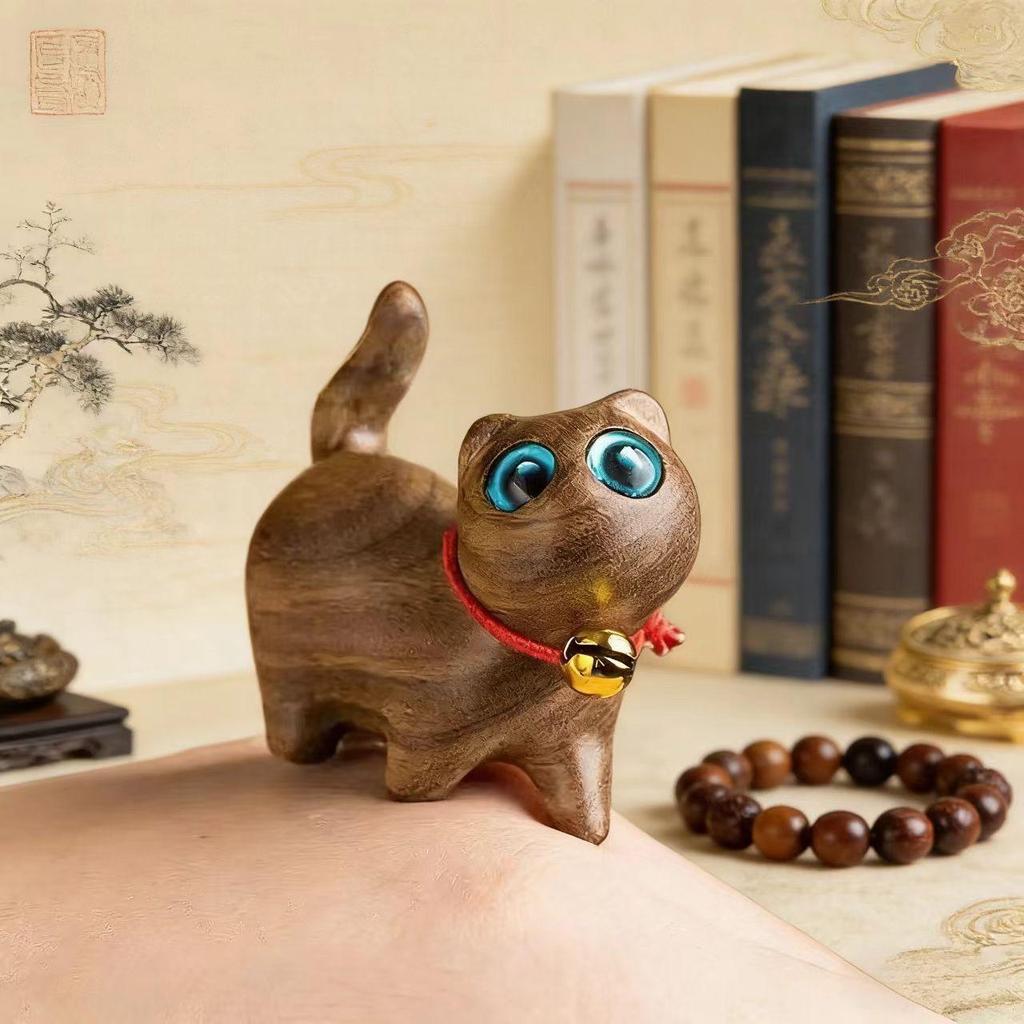 Rainbow Wood Carving: Cute Tilted-Head Kitten Mini Desktop Ornament