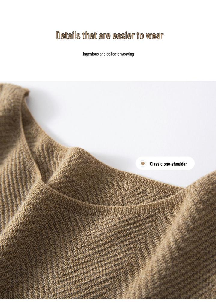 Women's 18-Gauge Pure Wool Yangzi Yarn One-Shoulder Herringbone Knit Top, Perfect for Spring and Autumn, Elegant and Versatile.