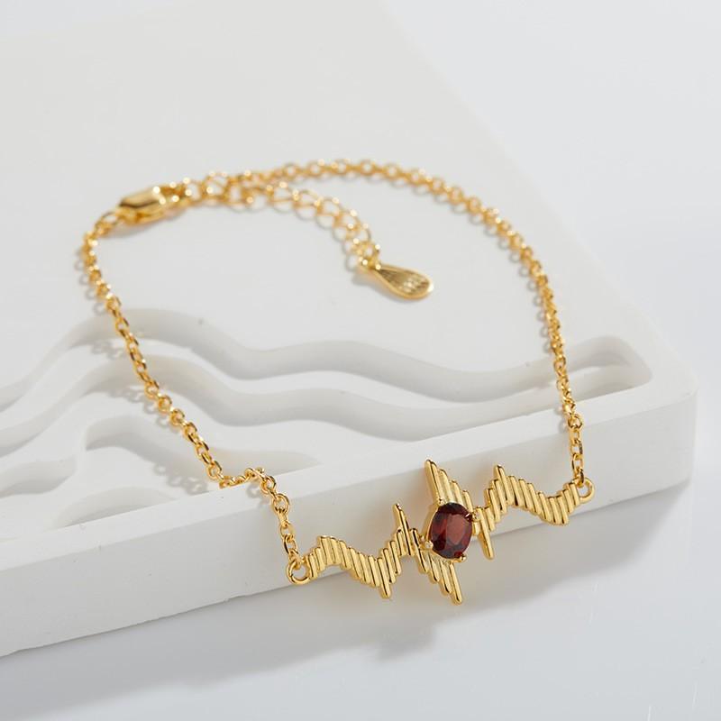 Sterling Wave Design Bracelet With Natural Topaz Garnet Gemstones Women Sweet Style Natural Garnet, Gold Tone