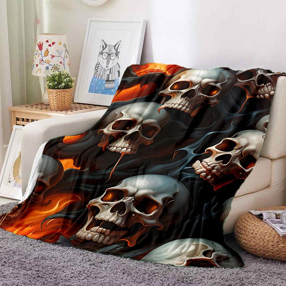 1pc Skulls Flames Lightweight Flannel Blanket, Comfortable and Warm Blanket, for Office and Camping Sofa Bed, Livingroom189