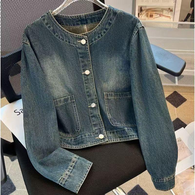 Veste en jean rétro bleu clair pour femme - Style cardigan ample à boutonnage simple pour le printemps