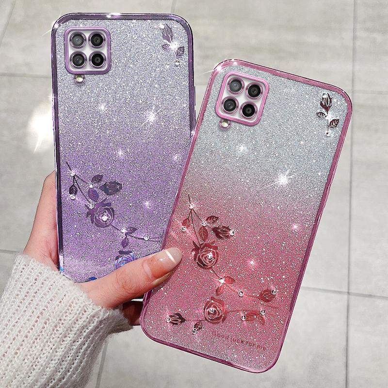 KADEM For Samsung Galaxy A42 5G/M42 5G Gradient Glitter Powder TPU Cover Rhinestone Decor Flower Pattern Anti-drop Protective Case