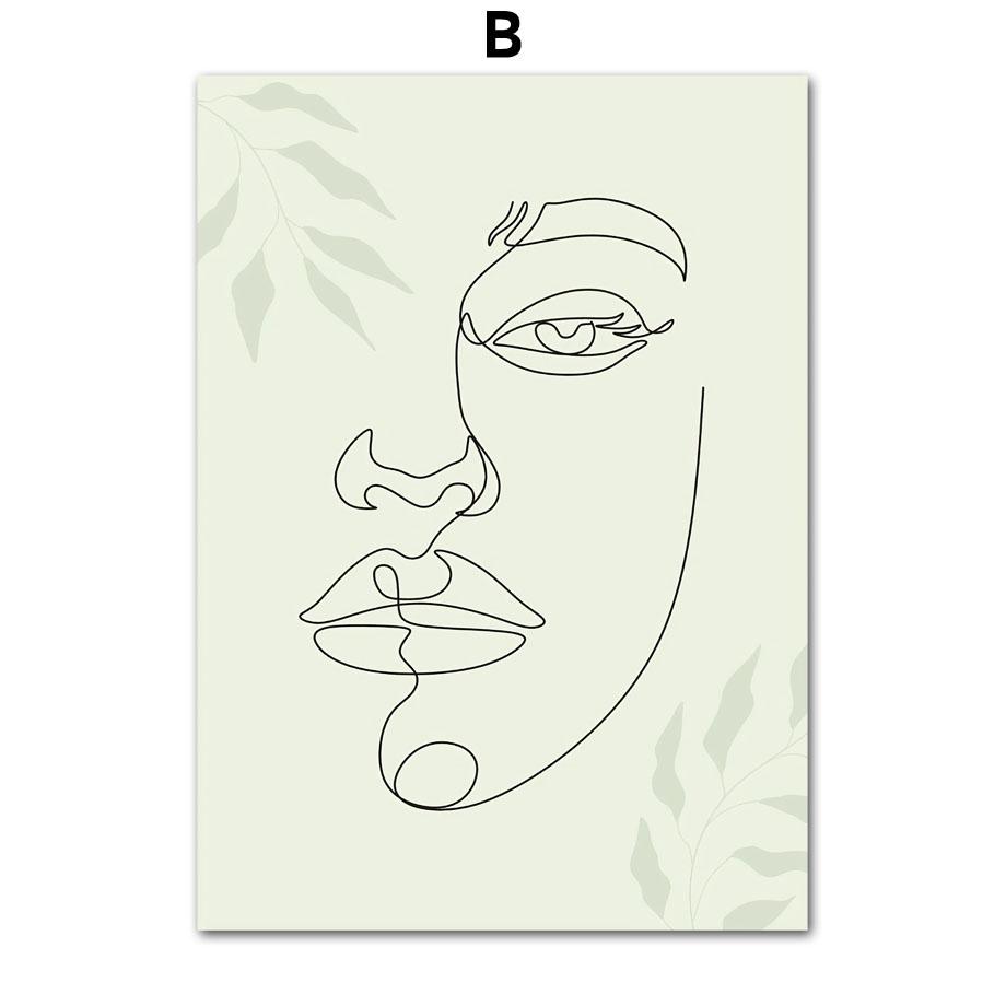 Geometric Green Woman Portrait Lines Plants Leaf Posters Prints Canvas Painting Wall Art Pictures For Living Room Home Decor