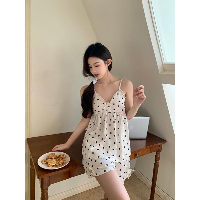 Ice Silk Ribbon Padded Bra & Short Sleeve Pajama Set for Women - Summer Camisole & Casual Home Wear