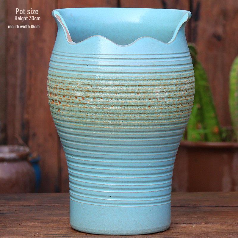 Large Handmade Coarse Pottery Succulent Flower Pot with Shallow Cut Opening
