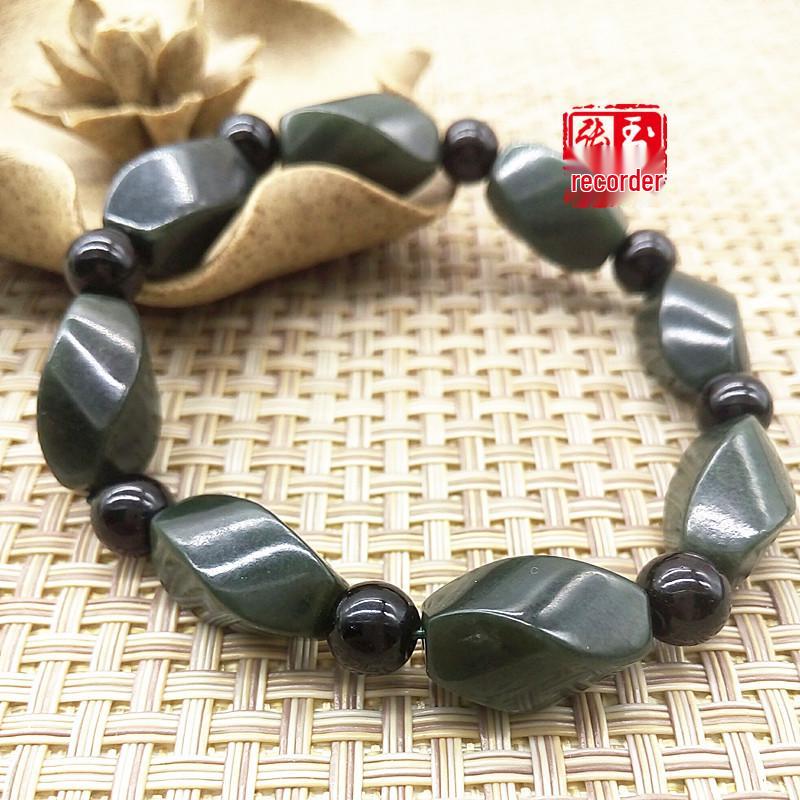 Hetian Green Jade Twisted Bead Luck Bracelet - Unisex Qiankun Design Simple