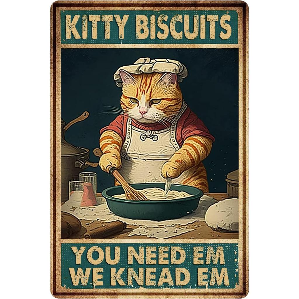 Vintage Cat Kitchen Wall Art We Knead Em You Need Em Retro Metal Tin Sign with Ginger Tabby Chef Cat Kitty Biscuits Desig