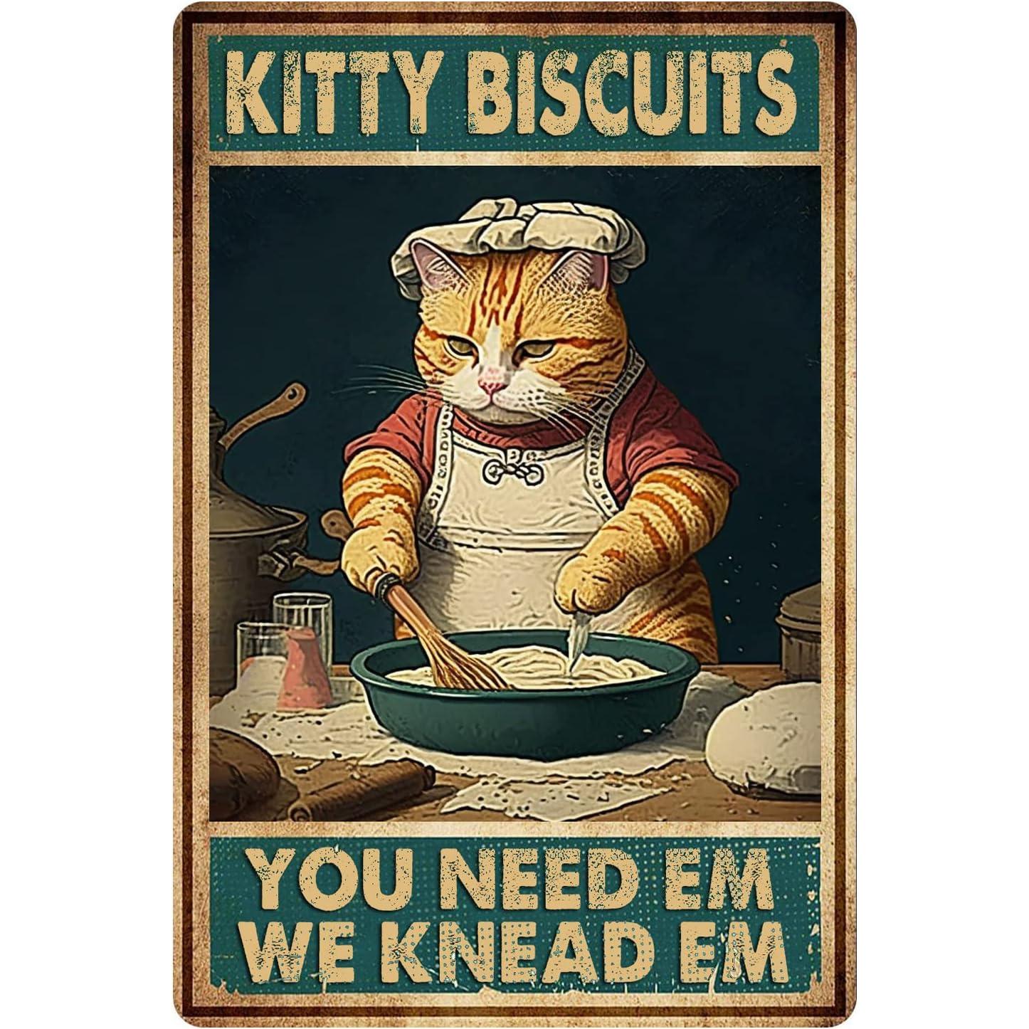 

Vintage Cat Kitchen Wall Art We Knead Em You Need Em Retro Metal Tin Sign with Ginger Tabby Chef Cat Kitty Biscuits Desig 20x30cm（7.8x11.8inch）