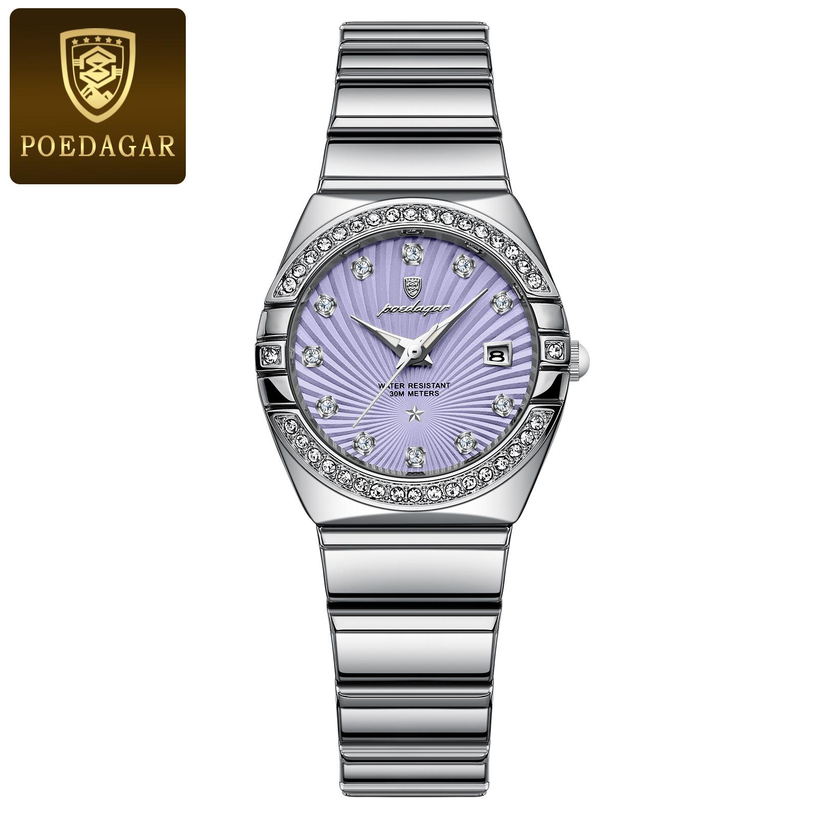 

POEDAGAR Luxury Woman Wristwatch Waterproof Luminous Date Stainless Steel Watch for High Quality Quartz Watches+box срібний/фіолетовий