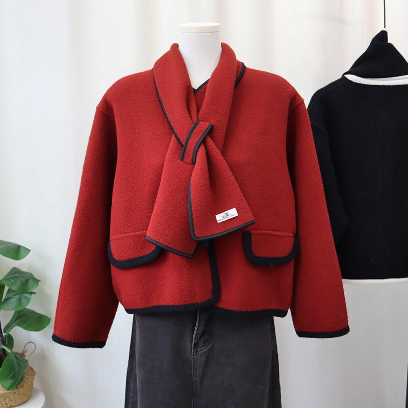 With scarf knitted double-sided cardigan autumn and winter new temperament design sweater jacket women