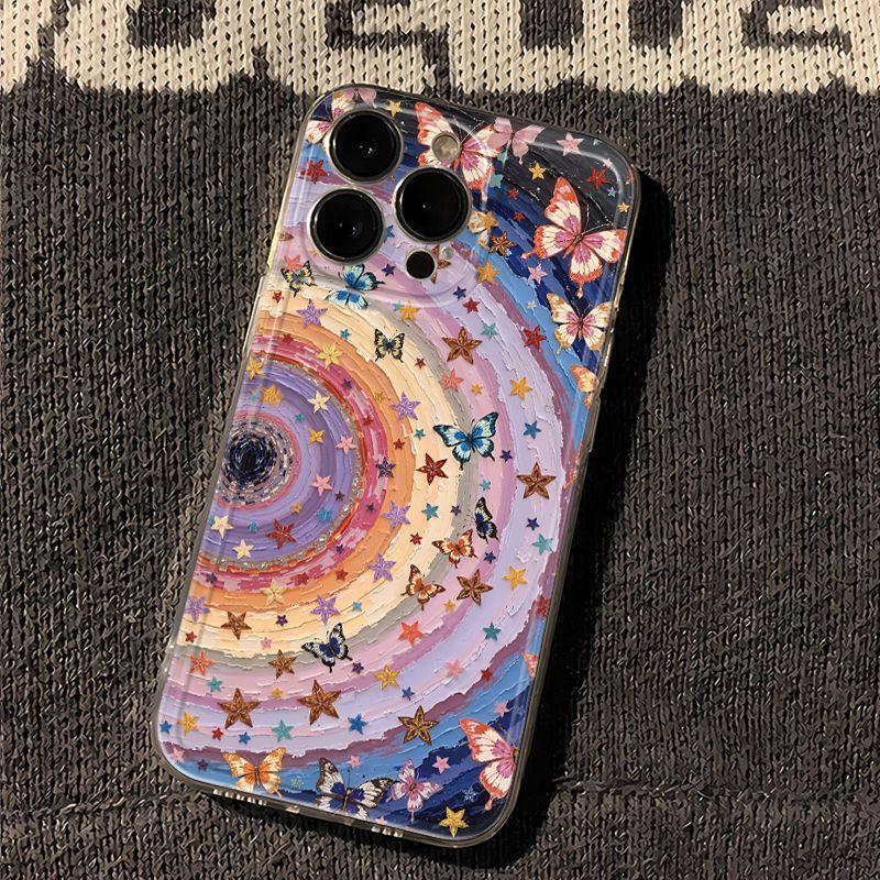 Oil Painting Starry Butterfly Phone Case For Apple iPhone16promax-Soft Silicone Shockproof Creative Cover On iPhone16/15/14/13/12/11/Pro/Plus/Promax