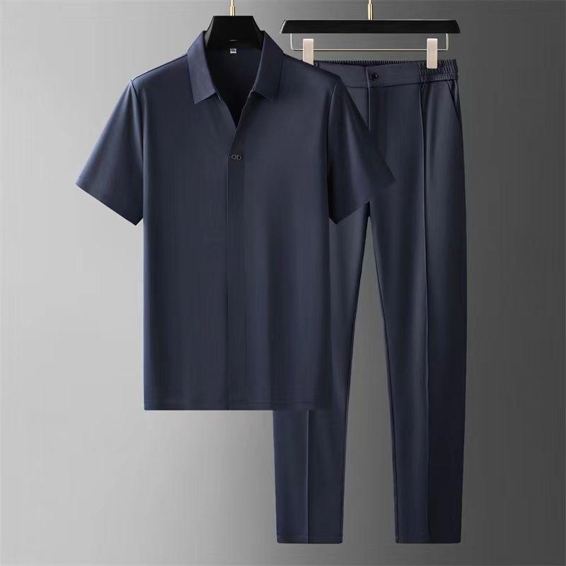 Summer Ultra-thin Silk Skating Silk High-end Seamless Laminated Short-sleeved Shirt Suit Men's Business Leisure Sports Two-piece Suit