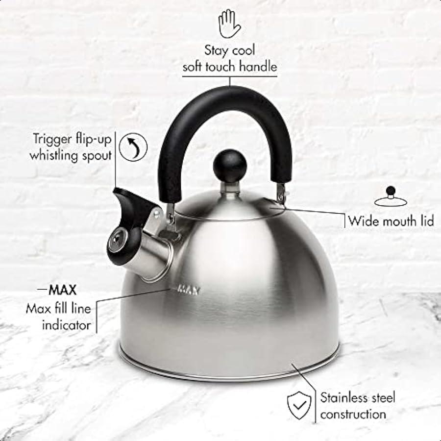 Stewart Whistling Stovetop Tea Kettle Food Grade Stainless Steel Hot Water Fast to Boil Cool Touch Folding 1.5Quart Brushed wit