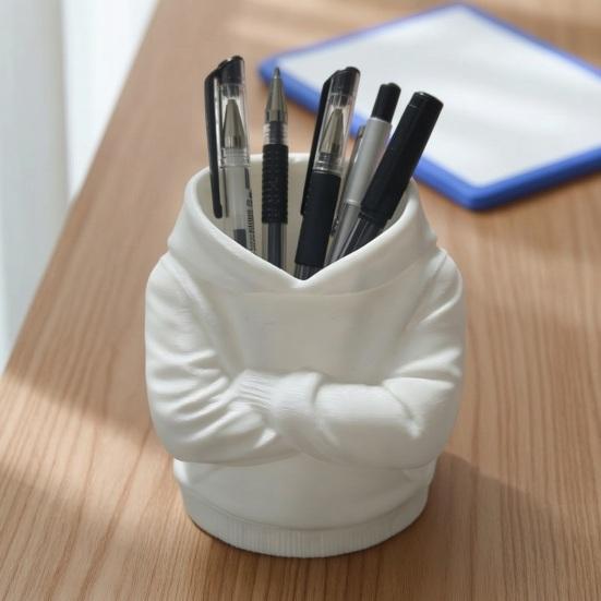 Large Capacity Desktop Storage 3D Printed Crossed Arms Hoodie Pen Holder, Organizer, Solid Modern Organizer Stable Base Multi-Functional Stationery