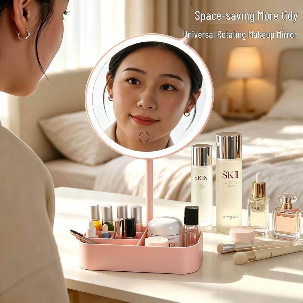 Touch Control LED Makeup Mirror with Three-Color Fill Light and Storage Box