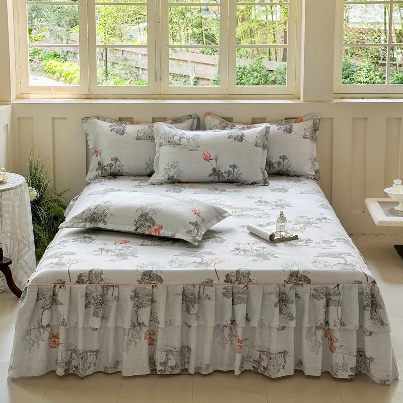 Letní Nový Zelený Květinový Vzor Retro Styl Sada Postelové Sukně 3ks Pohodlné Ložní Prádlo Luxusní Princeznovské Sukně Protiskluzová Postelová Sukně 1ks+1ks Povlaky na Polštáře