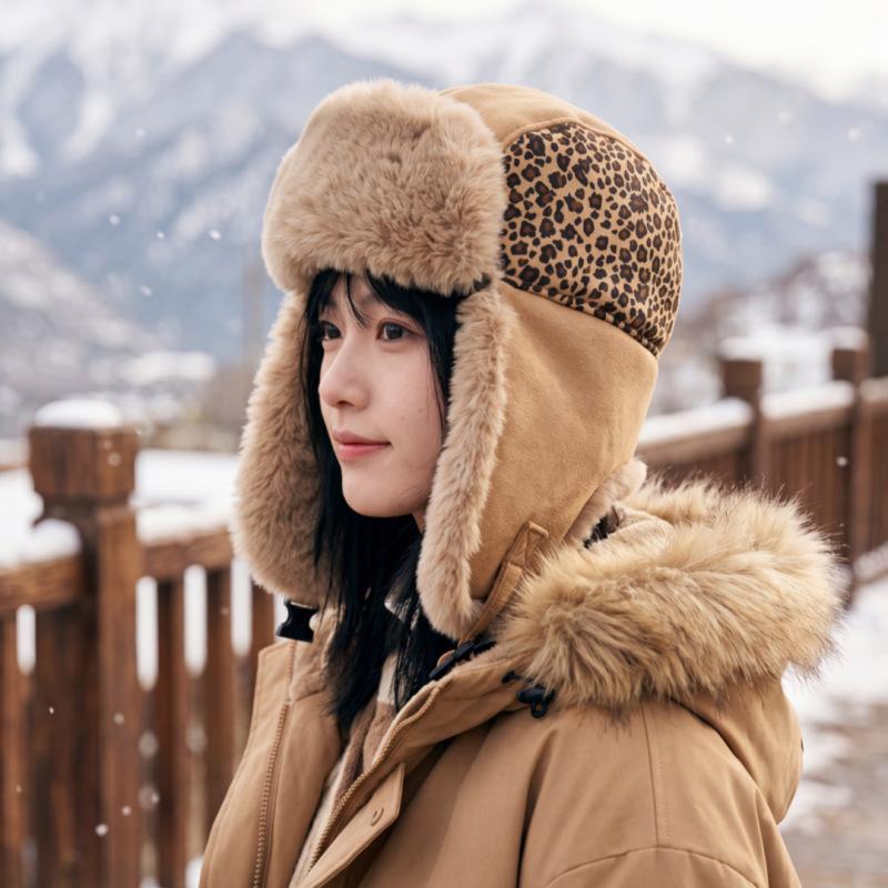 New leopard print Lei Feng hat women's fashion versatile thermal hat winter cycling cold protection ear hat manufacturer