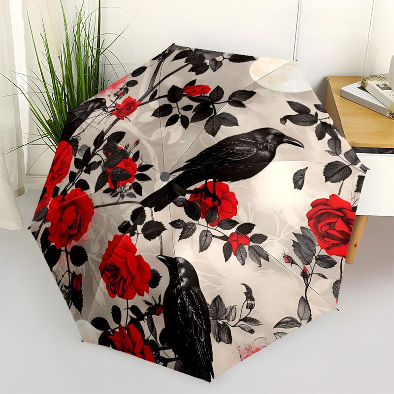 1pc Raven Roses Automatic Open/close Umbrella, 8-Rib sturdy structure, Auto Folding/Opening, Portable Travel Umbrella for Women,268