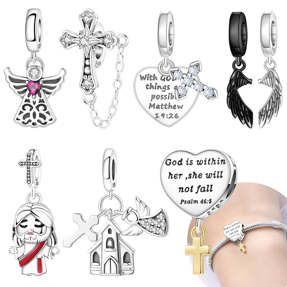 Original Copper Angel Wings Cross Church Jesus Pendant Tassel Heart Beads Fit Bracelet Women Jewelry Making Gift Diy