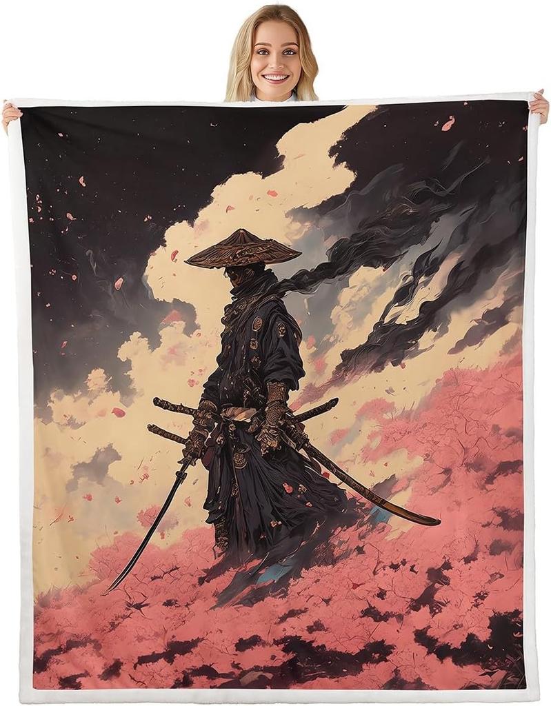 GUOYU Blanket Japanese Style Fleece Bed Blanket Twin Japanese Samurai Throw Blanket for Kids Boys Men Ink Painting Dragon Sherpa Blanket