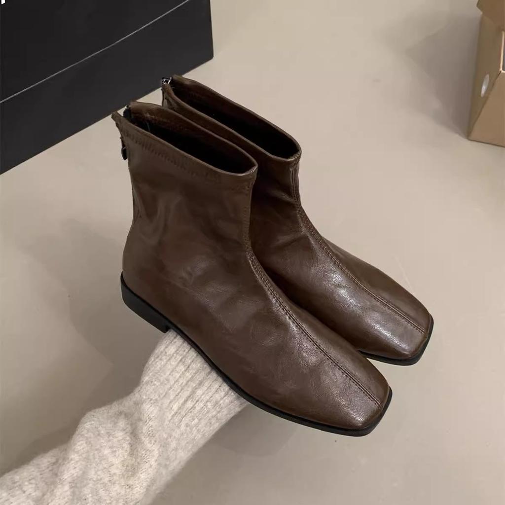 Retro square head foreign style small short boots women's autumn and winter new soft leather thin boots rear zipper short Martin boots single boots