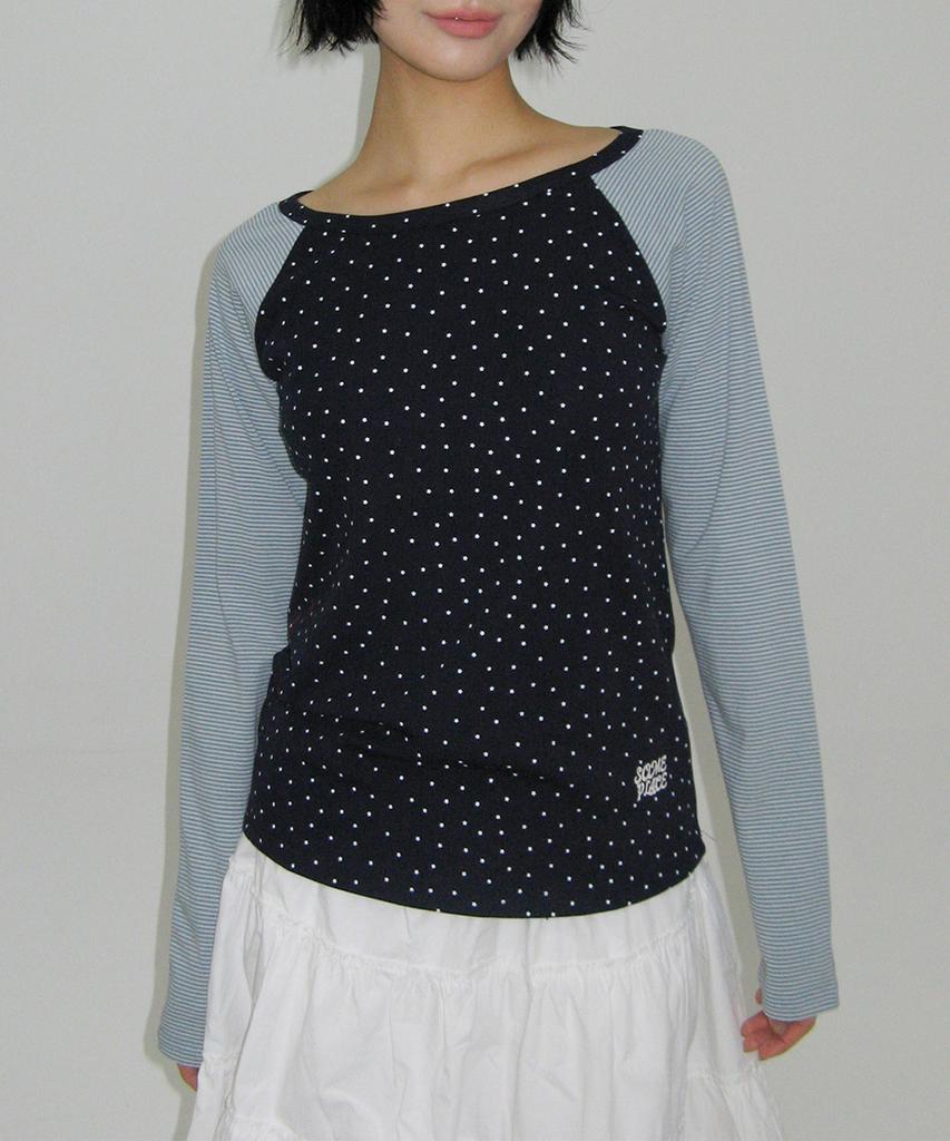 SOME PLACE Star Stripe Mix Embroidered Raglan Long Sleeve Boat Neck T-Shirt _ 2 Colors