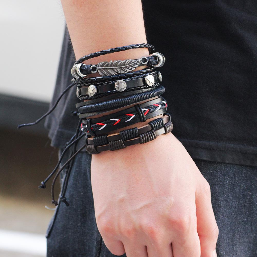 

Men s Retro Woven Cowhide Bracelet Set with Metal Stars & Leaves