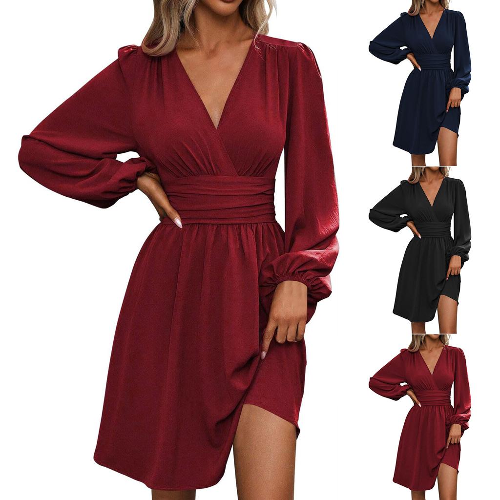 Women's Fashionable Solid Color V Neck Long Sleeved Pleated Versatile Dress