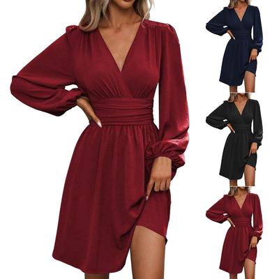 Damen Modisches Einfarbiges V-Ausschnitt Langarm Plissiertes Vielseitiges Kleid