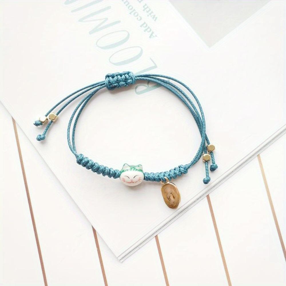 

Браслет ручной работы из разноцветной веревки с изображением кошки на удачу для женщин и девочек, подарки на день рождения, модные браслеты Maneki Neko для пар темно-зеленого