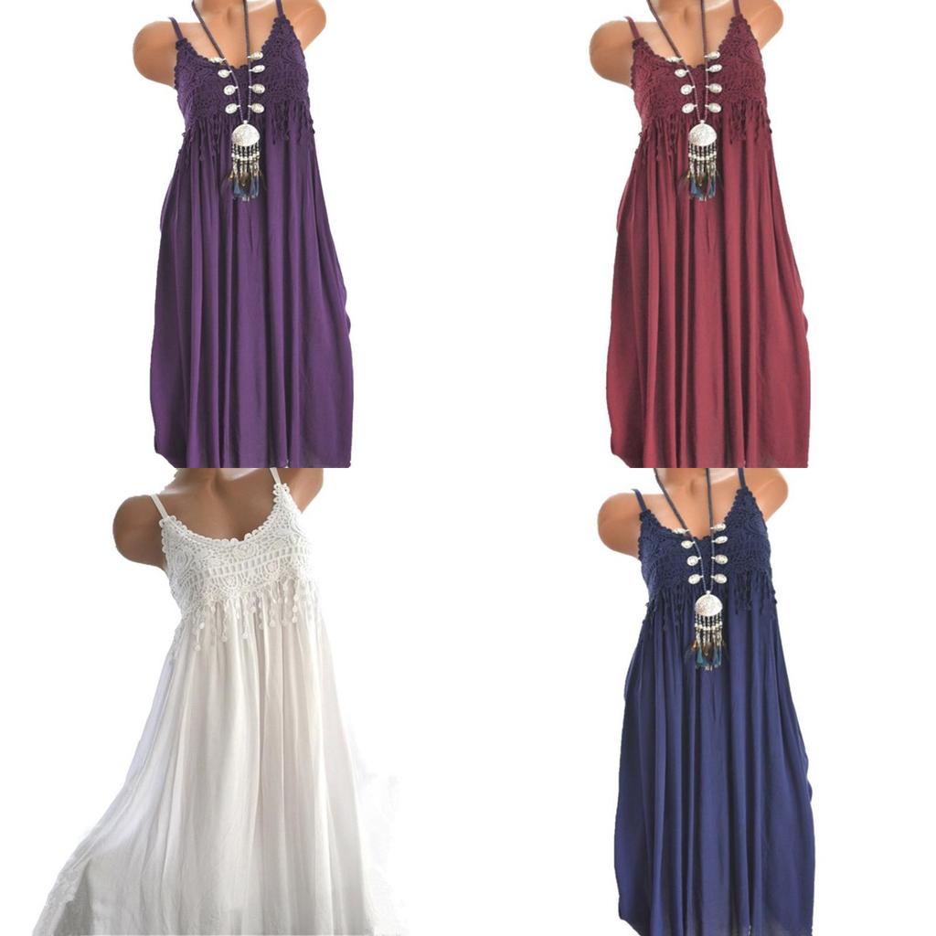 Elegant Women Summer Crew Neck Sleeveless Tank Maxi Dress With Lace Detail