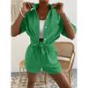 Cotton and Linen Fashion Set, Solid-color Pocket Patch Off-the-shoulder Shirt and Shorts, Solid-color Short-sleeved Shirt