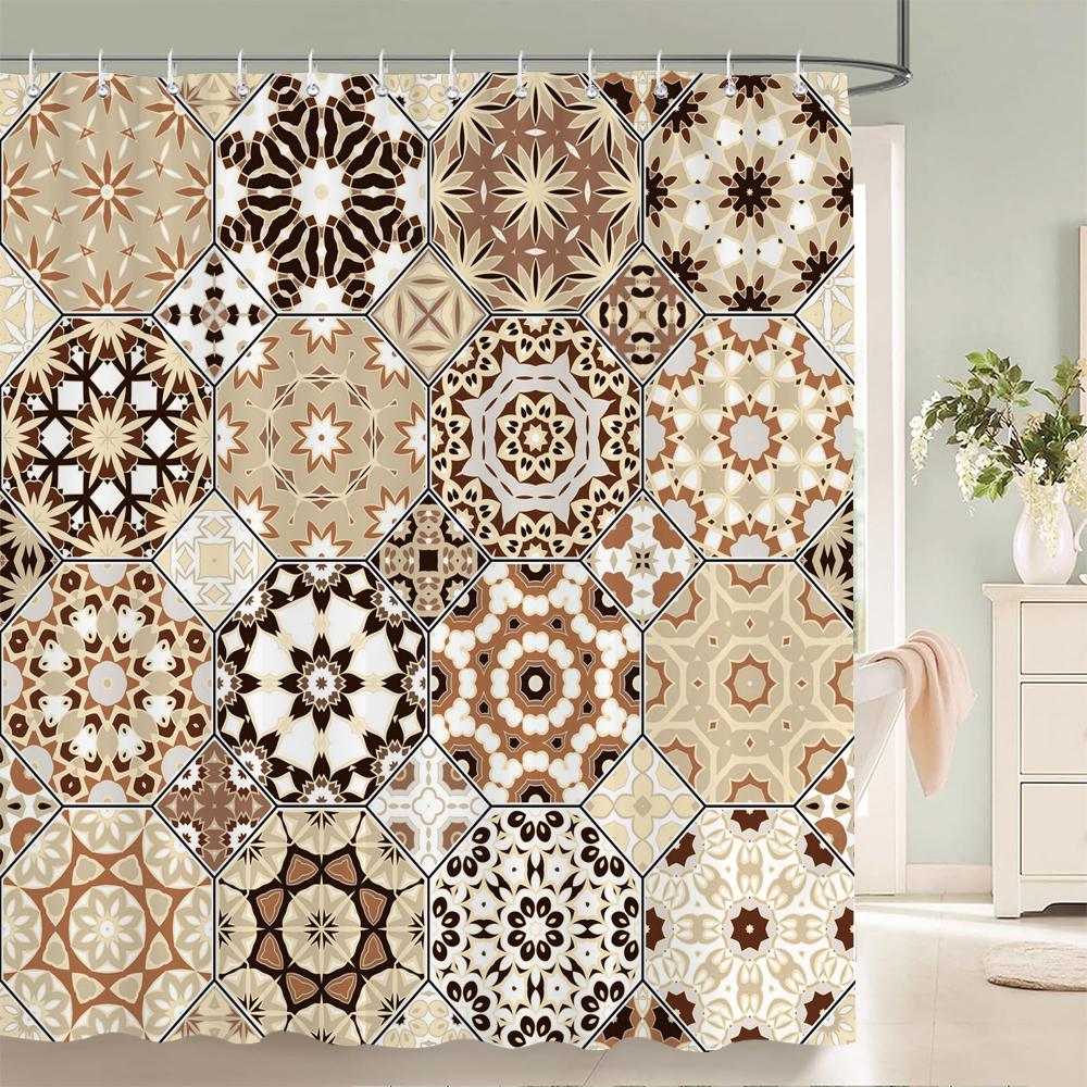 Duschvorhänge im Bohème-Stil Mandala Boho Blumen- und Pflanzendruck Badezimmervorhänge Wasserdichter Polyester Duschvorhang