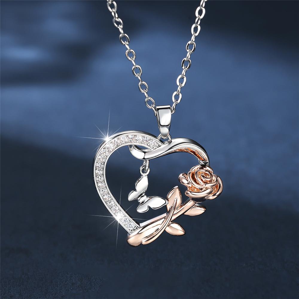 Female Crystal White Zircon Stone Rose Flower Butterfly Heart Pendant Necklace Vintage Silver Color Wedding Jewelry For Women