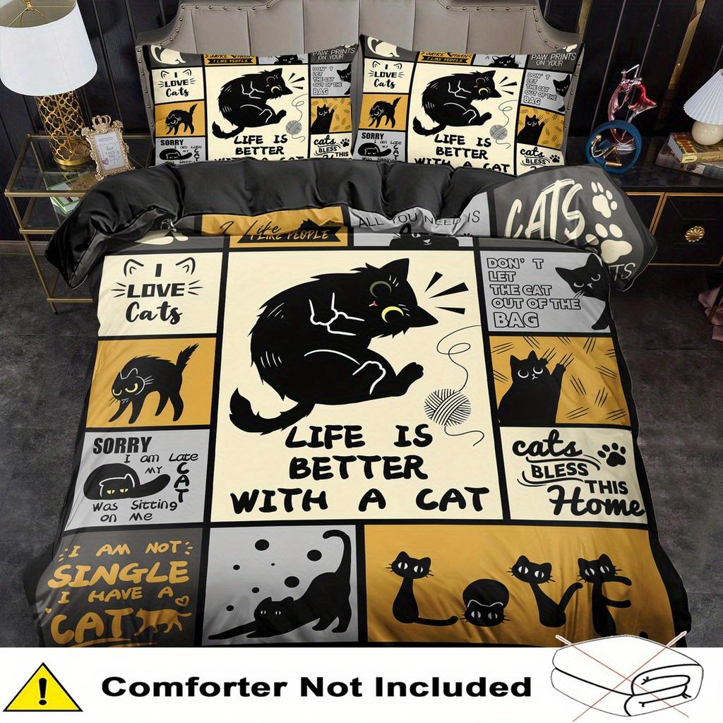 3-teiliges Bettwäsche-Set Splicing-Gitter Schwarze Katze bedruckt Gemütlich Weich Bettbezug King Queen Einzelgröße Geburtstagsgeschenk für Zuhause Schlafzimmer Deko