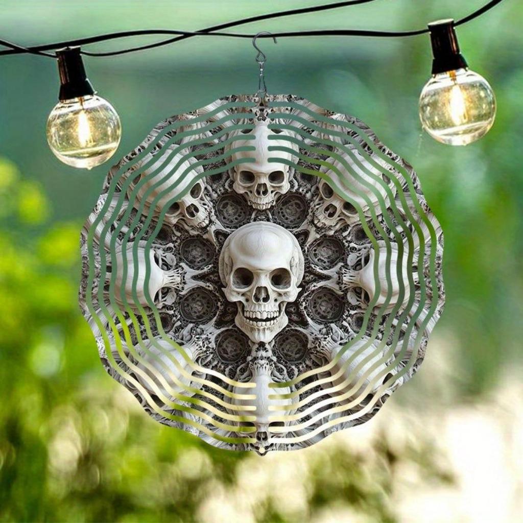 Large 3D Metal Skull Wind Chime – Artistic Kinetic Garden Decor with Swirl Design, Reflective Outdoor Ornament for Patioeco